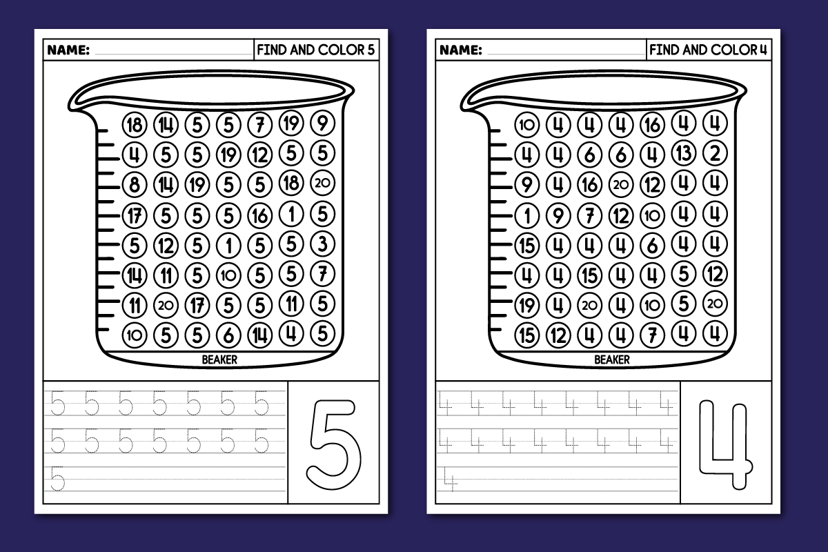 Back to school find color number recognition worksheets