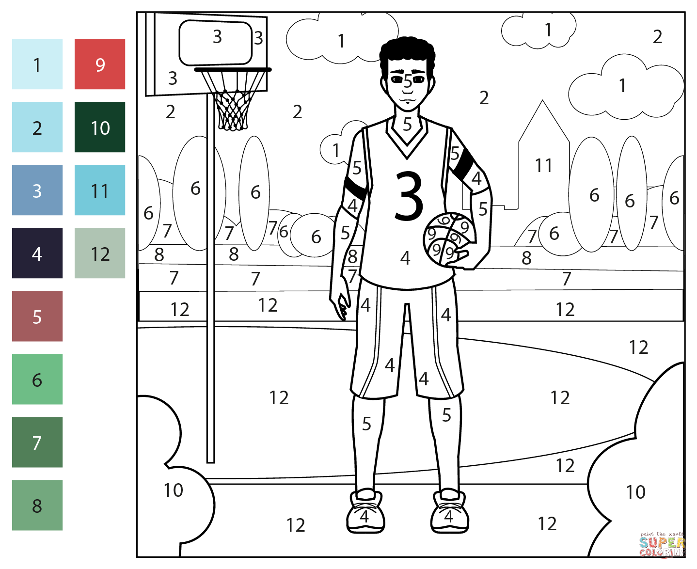 Basketball player color by number free printable coloring pages