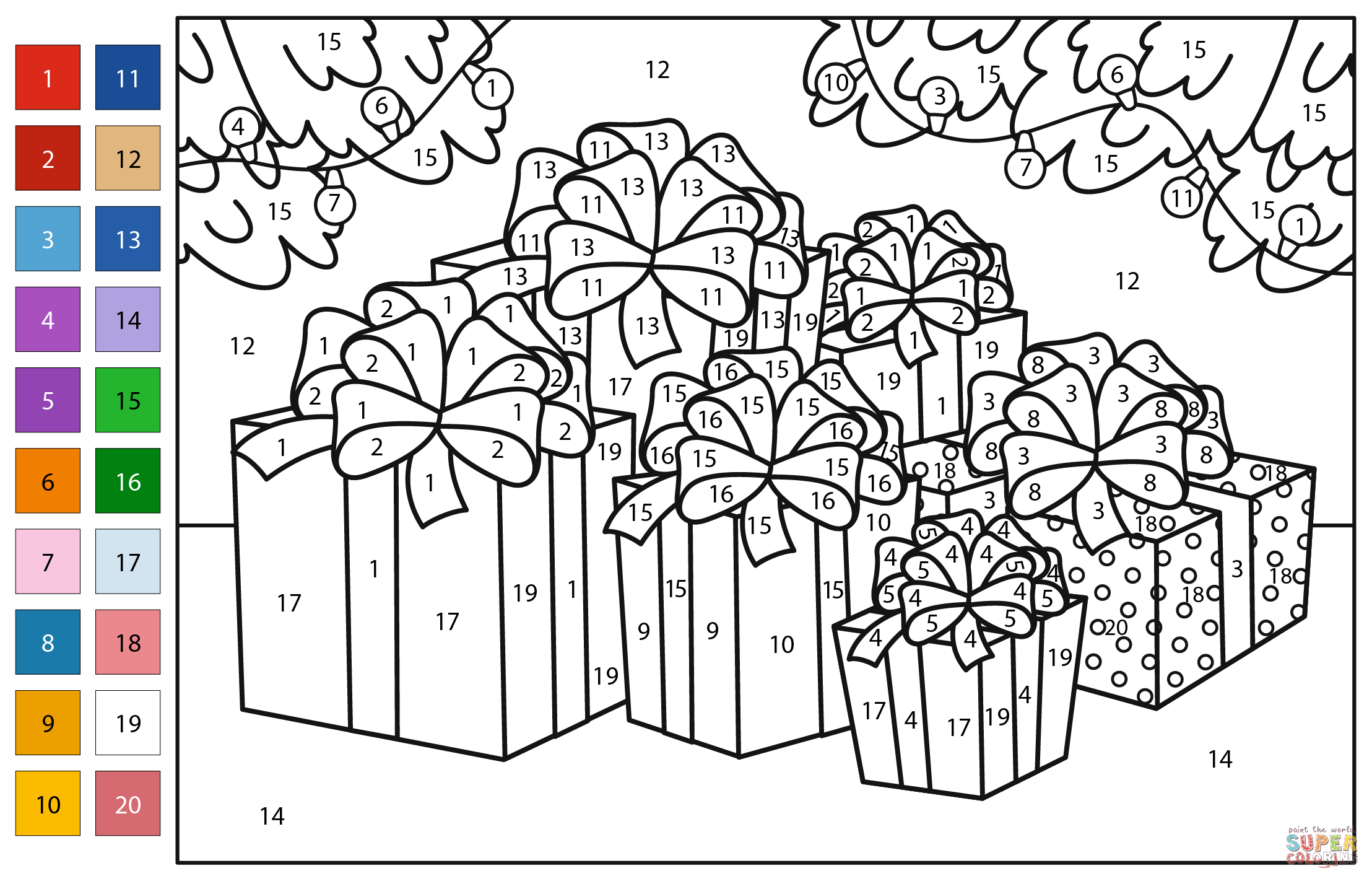 Christmas gift color by number free printable coloring pages