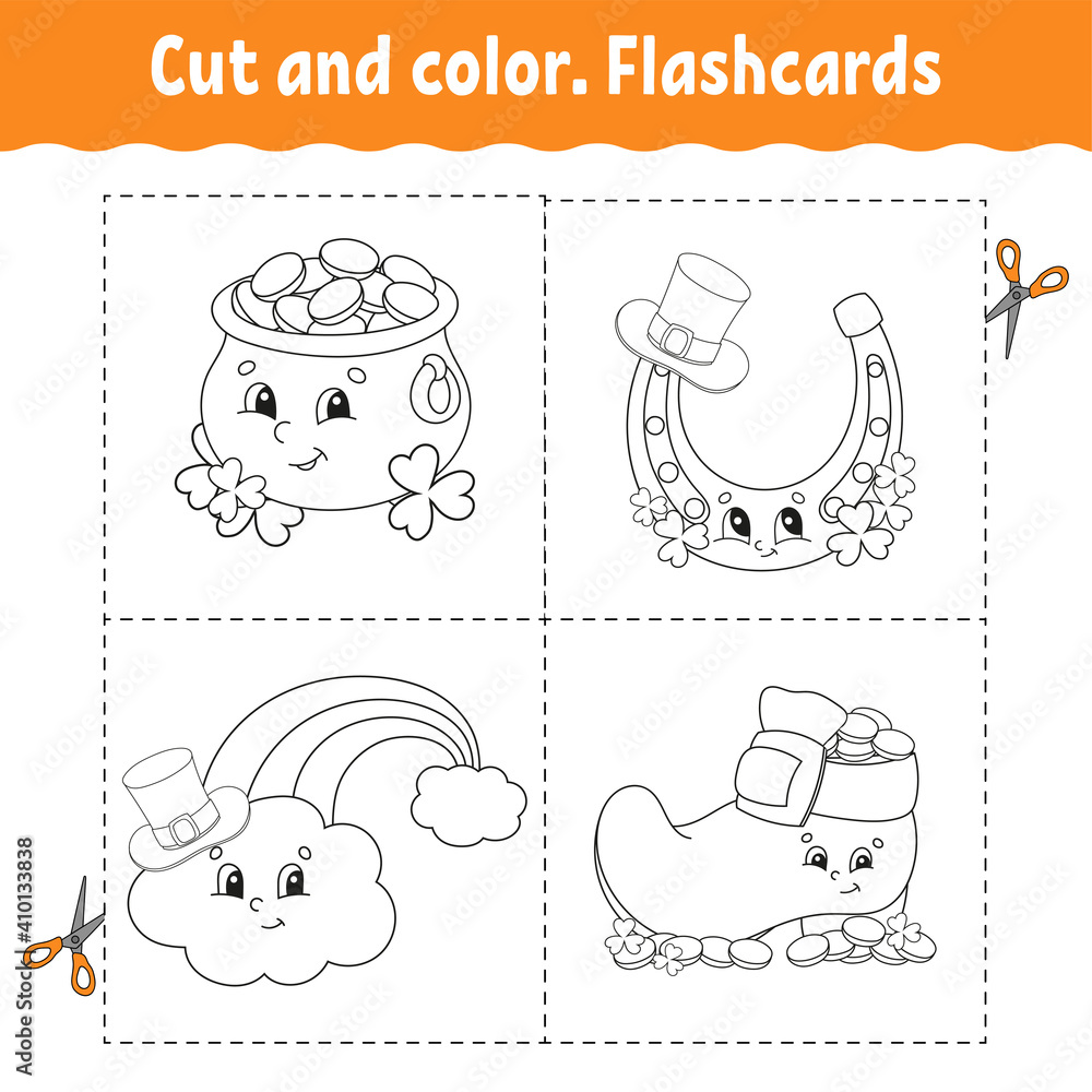 Cut and color flashcard set coloring book for kids cute cartoon character black contour silhouette st patricks day isolated on white background vector