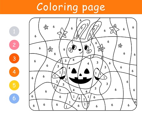 Color by number game for kids rabbit in costume pumpkin halloween bunnyprintable worksheet coloring page stock illustration