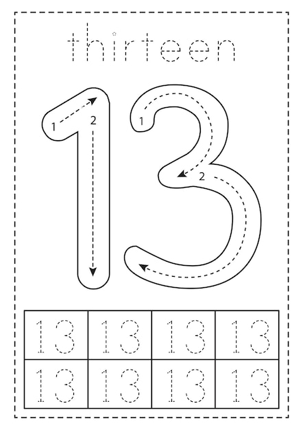 Premium vector tracing number thirteen preschool worksheet black and white