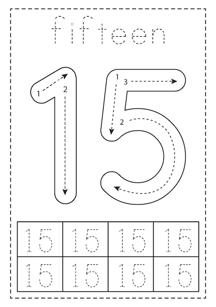 Premium vector tracing number fifteen preschool worksheet black and white