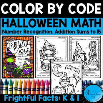 Halloween math color by number code worksheets addition to coloring pages