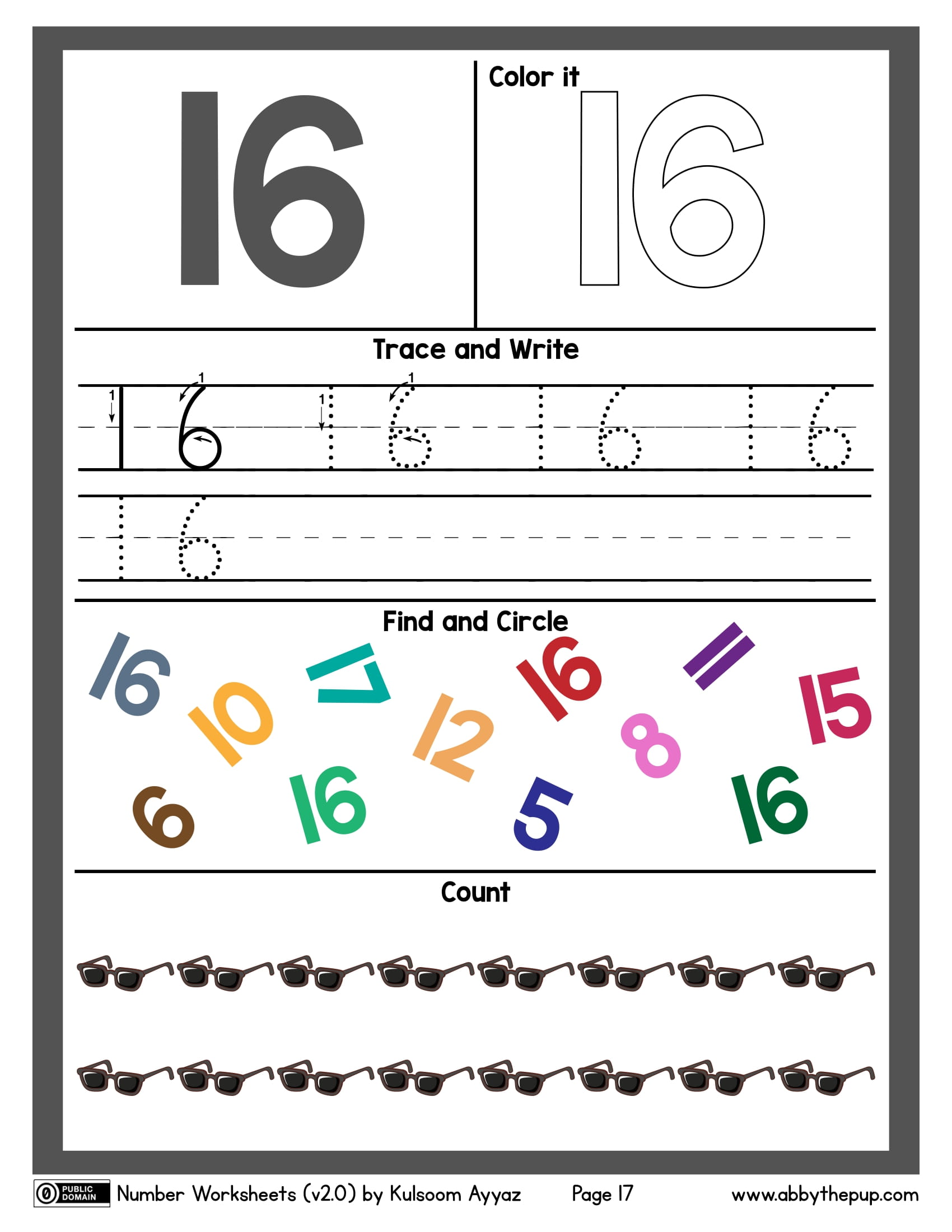 Number color trace write find and count worksheet free printable puzzle games