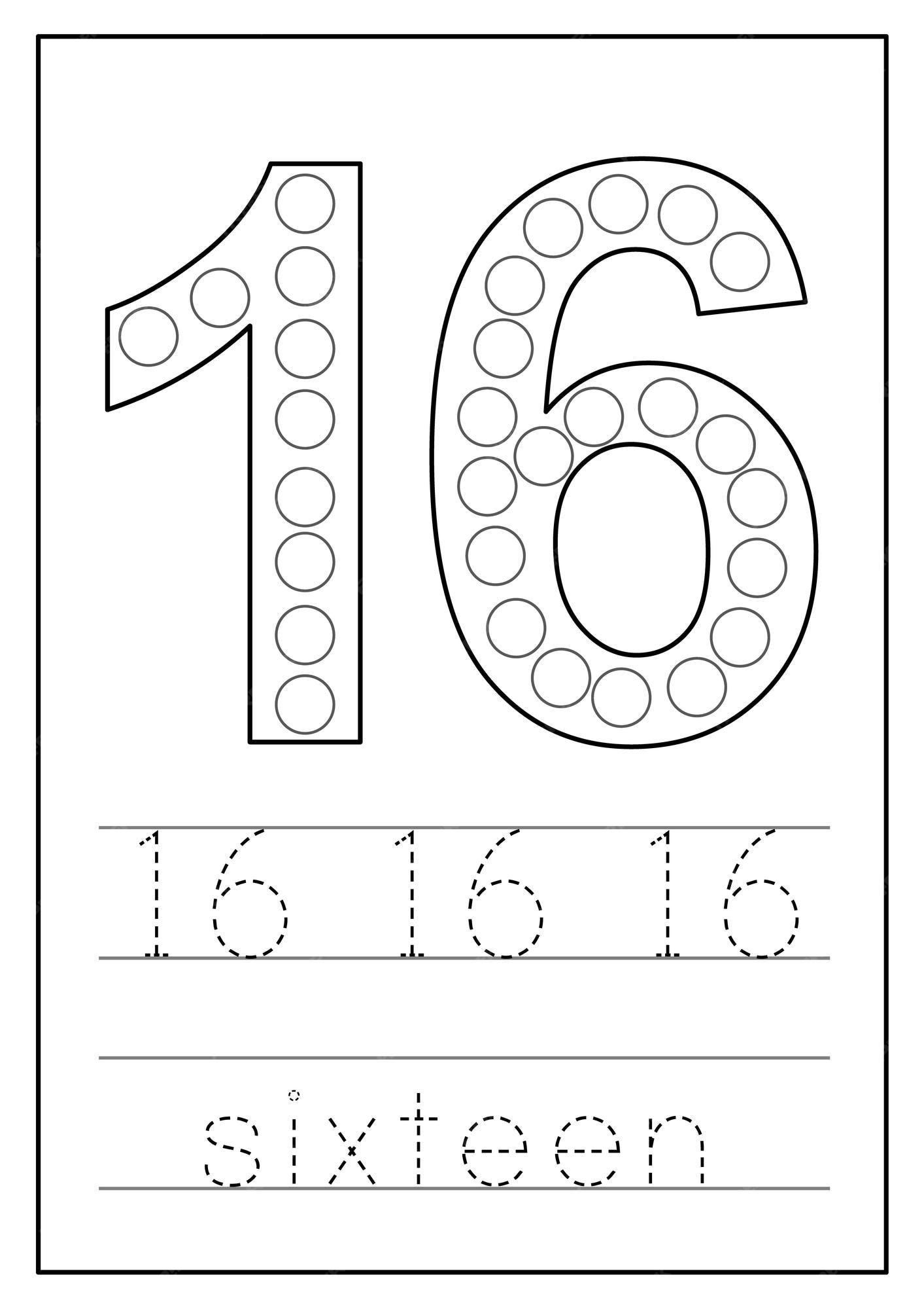 Premium vector learning numbers for kids number sixteen math worksheet