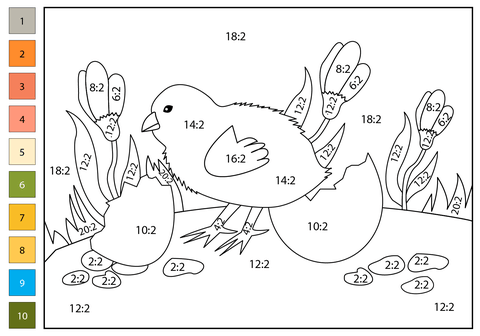 Division color by number chick free printable coloring pages