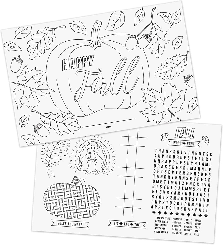 Thanksgiving coloring activity placemats happy fall coloring sheets x double sided kids fall holiday drawing paperdisposable placematsmade in the usa home kitchen