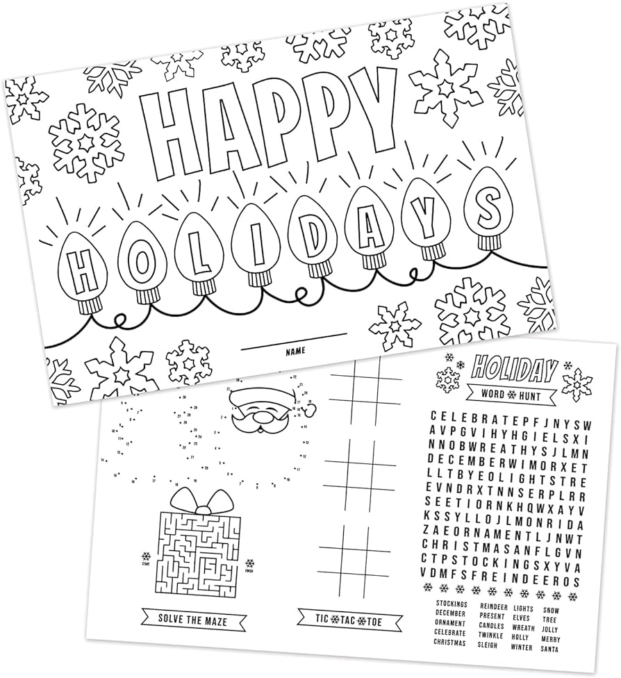 Holiday themed coloring activity placemats christmas coloring sheets x kids winter drawing paperhappy holidays disposable placematsmade in the usa home kitchen