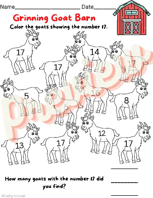 A kindergarten math worksheet color number goat barn farm themed classroom decor