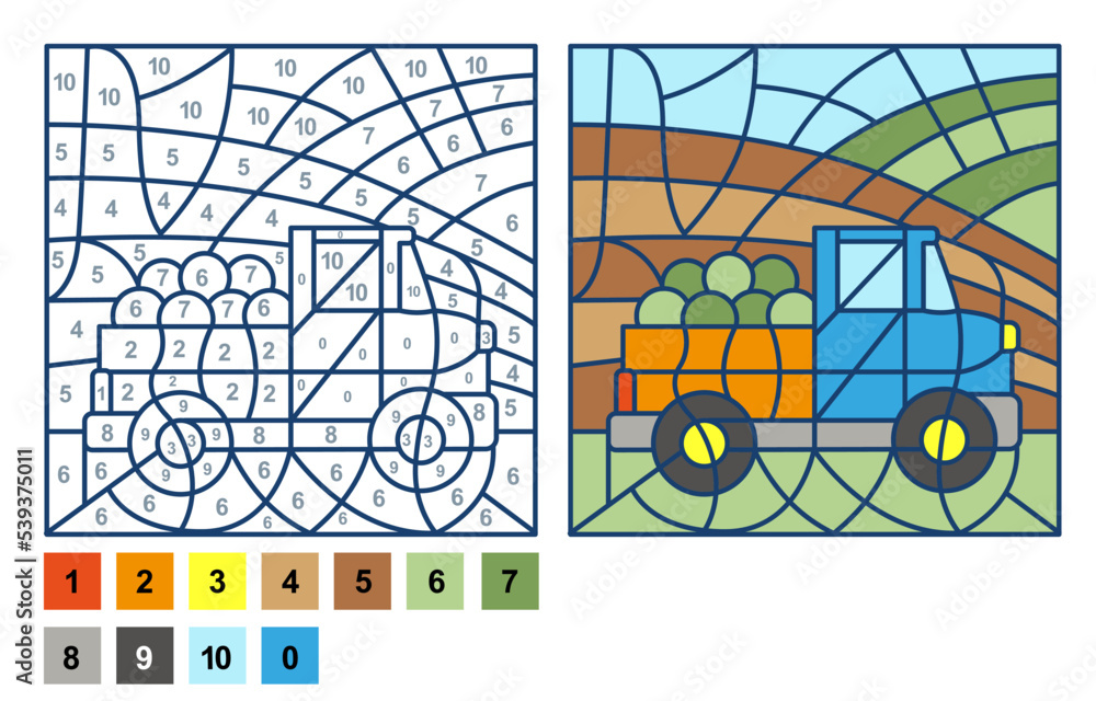 Puzzle game pickup car color by number sheet for children vector coloring page for learning numbers vector