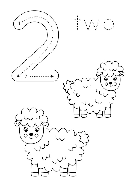 Premium vector flashcard number preschool worksheet black and white farm animals