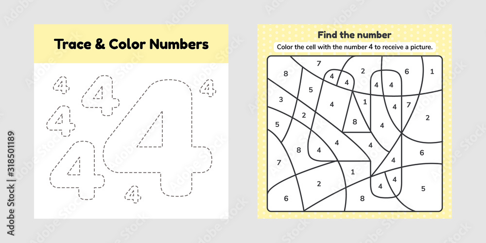 Coloring book number for kids worksheet for preschool kindergarten and school age trace line write and color a four vector
