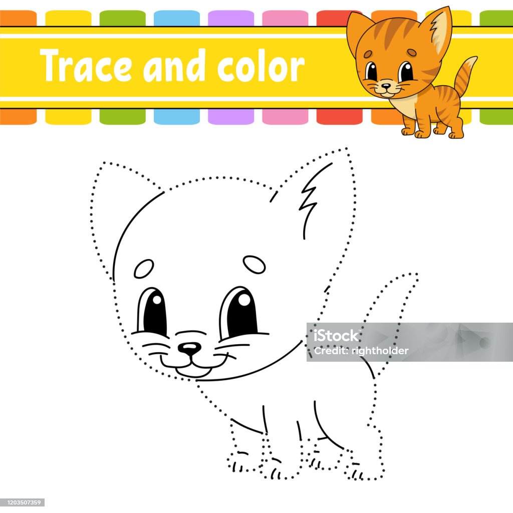 Trace and color cat animal coloring page for kids handwriting practice education developing worksheet activity page game for toddlers isolated vector illustration cartoon style stock illustration