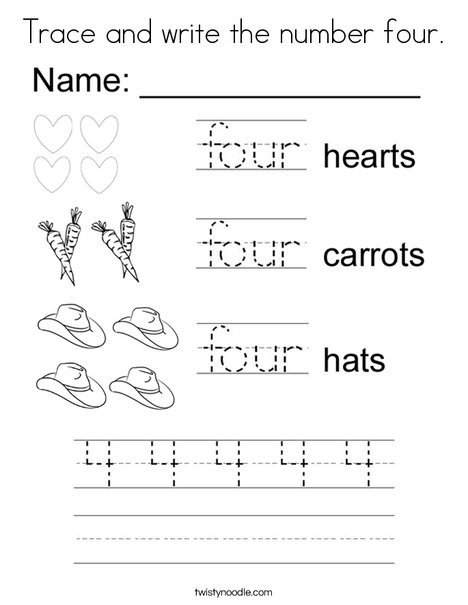 Trace and write the number four coloring page