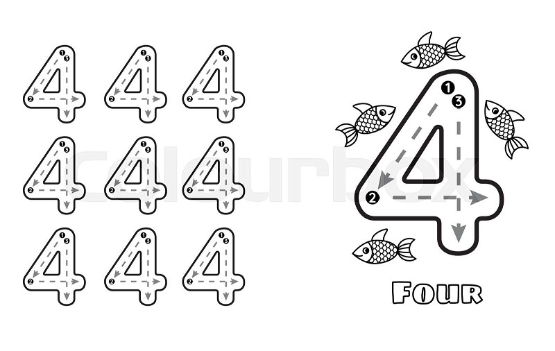 Number four trace practice worksheet for prek kids and toddlers handwriting preschool kinrgarten tracing vector illustration stock vector