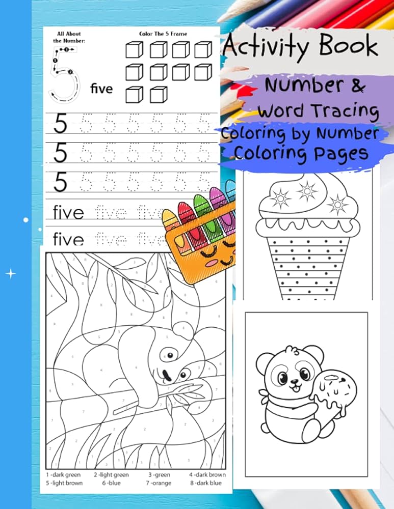 Activity book number and word tracing color by number and kawaii coloring pages for ages