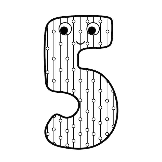 Premium vector cute number five character for kids in outline leaning numbers for preschool doodle number