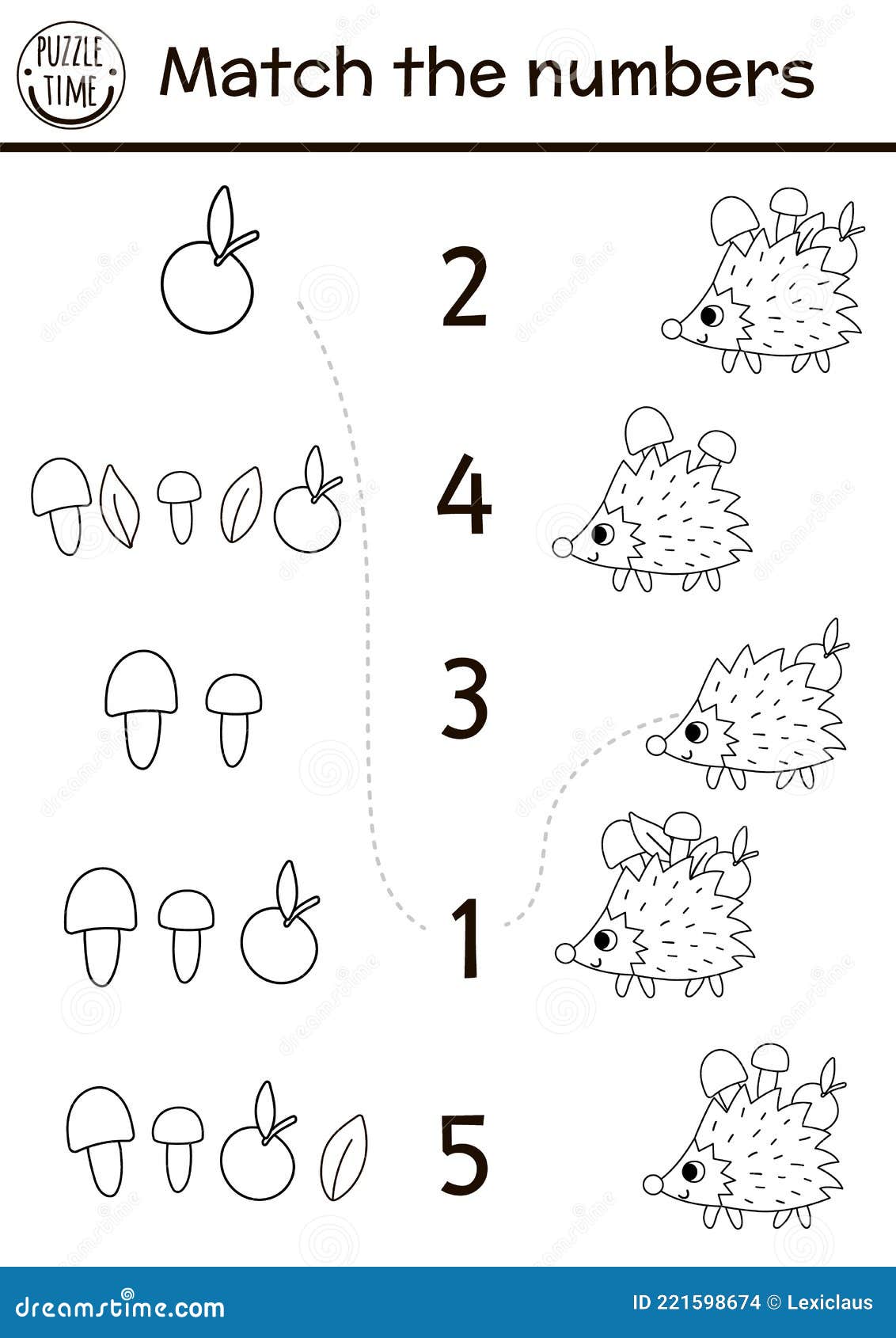 Match the numbers black and white game with funny hedgehog forest math outline activity or coloring page with cute forest animal stock vector
