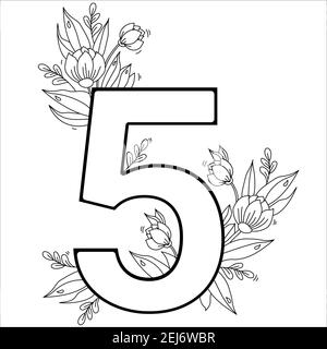Flower number five decorative pattern with flowers tulips buds and leaves vector illustration isolated on white background line outline stock vector image art