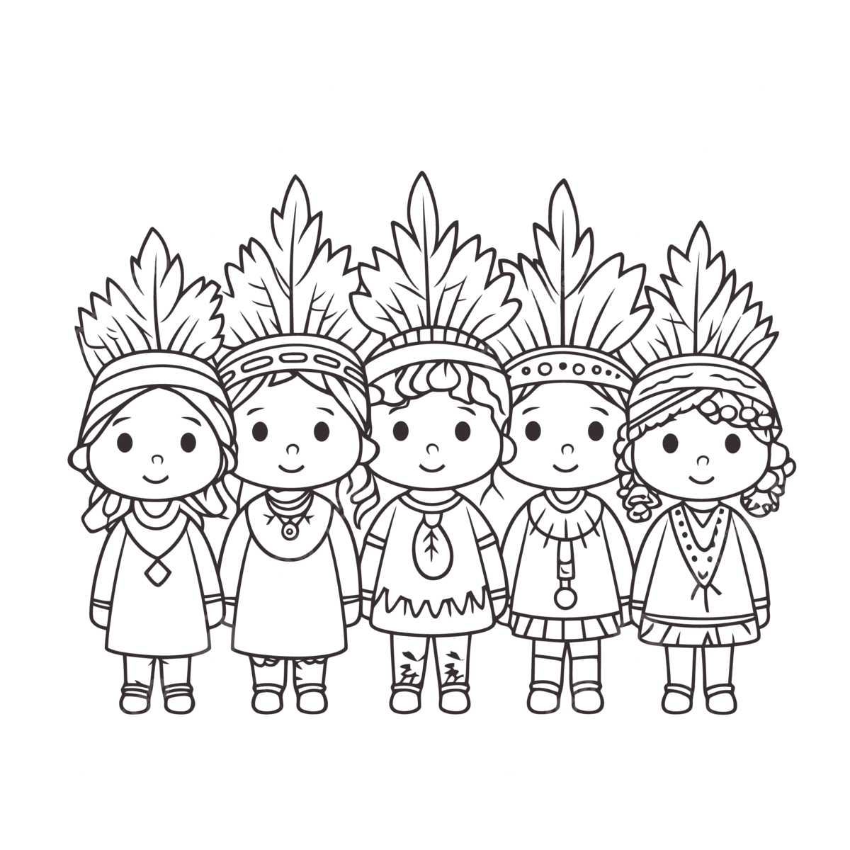 Coloring page with children standing in indian costume outline sketch drawing vector wing drawing ring drawing color drawing png and vector with transparent background for free download