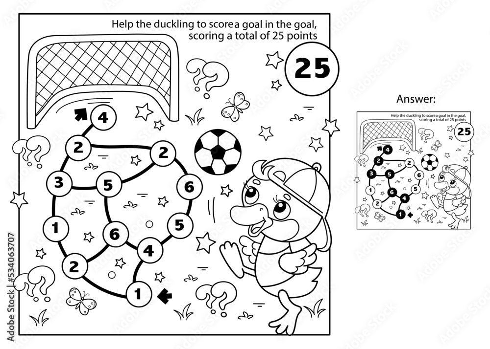 Math addition game puzzle for kids maze coloring page outline of cartoon duck or duckling with soccer ball football sport coloring book for children vector