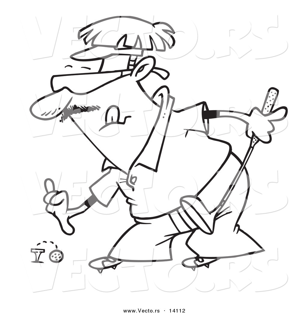 R of a cartoon man putting a golf ball on a tee