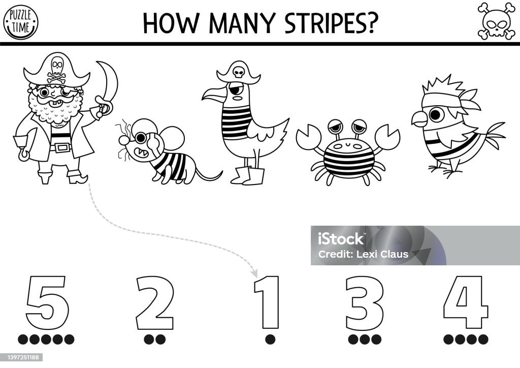 Black and white match the numbers pirate game with animals in striped shirts treasure island hunt math line activity for preschool kids sea adventures printable counting coloring page stock illustration