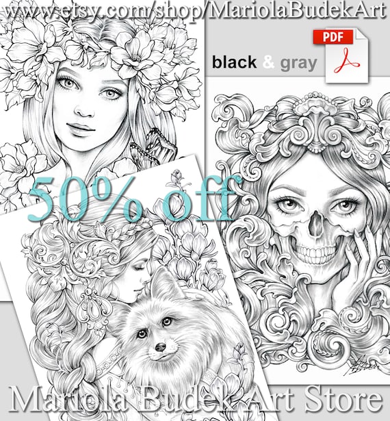 Coloring pages six pack of premium art i off printable adult colouring page book instant download grayscale illustration pdf
