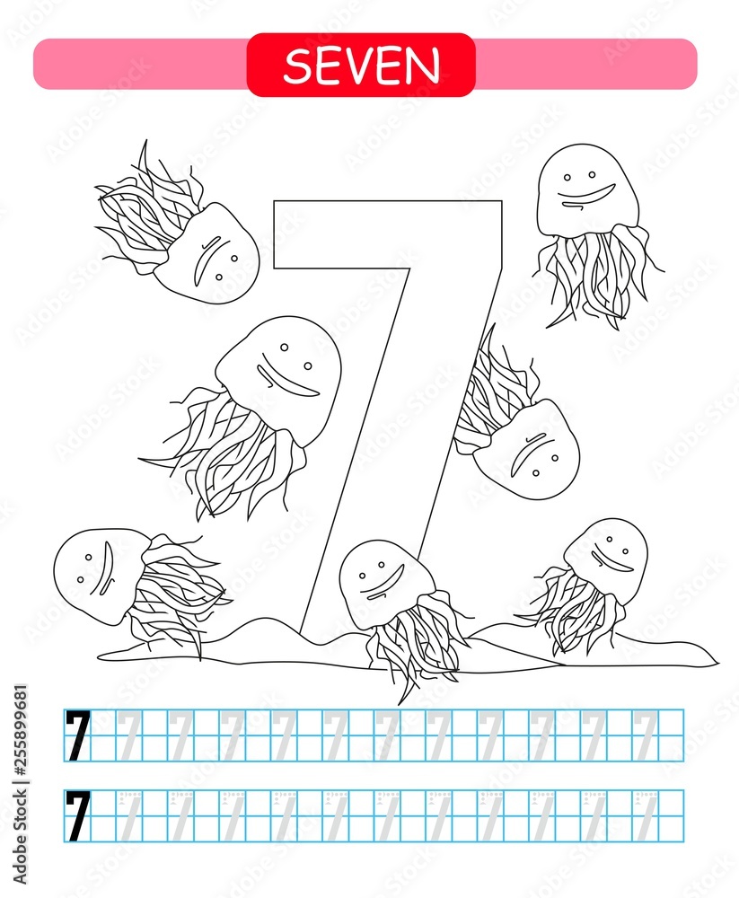 Seven learning number coloring printable worksheet for kindergarten and preschool jellyfish vector