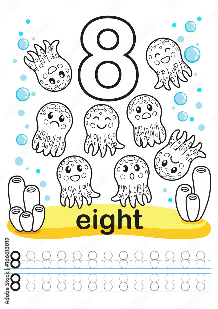 Coloring printable worksheet for kindergarten and preschool we train to write numbers math exercise bright figures on a marine background with cute marine life number and octopuses illustration