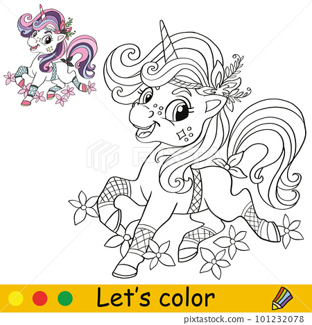 Unicorn coloring page with template vector