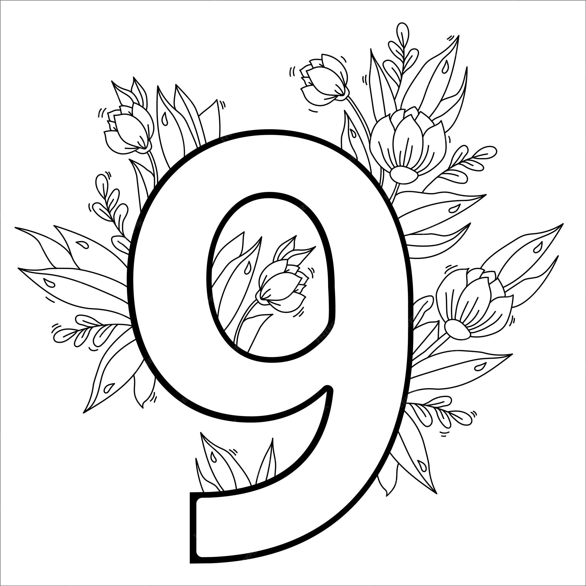 Premium vector flower number nine decorative pattern with flowers tulips buds and leaves vector line outline
