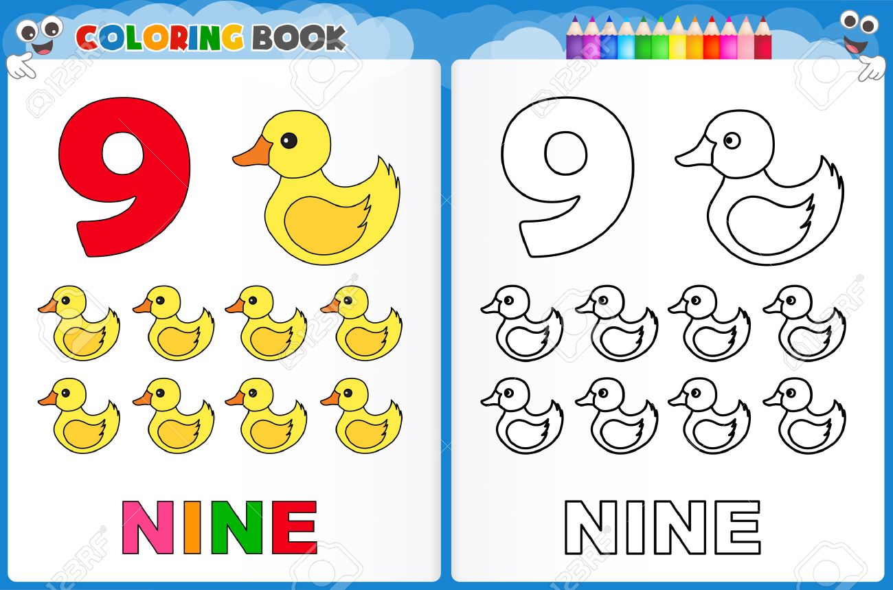 Coloring page number nine with colorful sample printable worksheet for preschool kindergarten kids to improve basic coloring skills royalty free svg cliparts vectors and stock illustration image