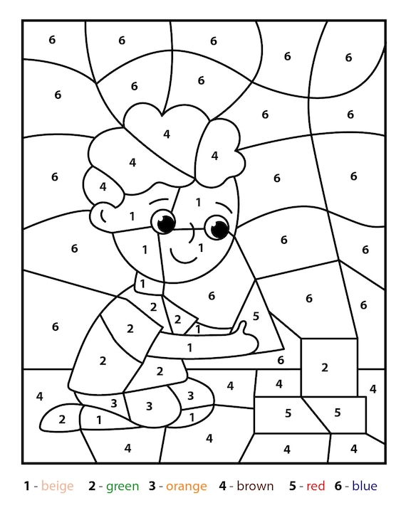 Boy with blocks color by number kids printable various theme coloring pages for preschool and kindergarten instant digital pdf download