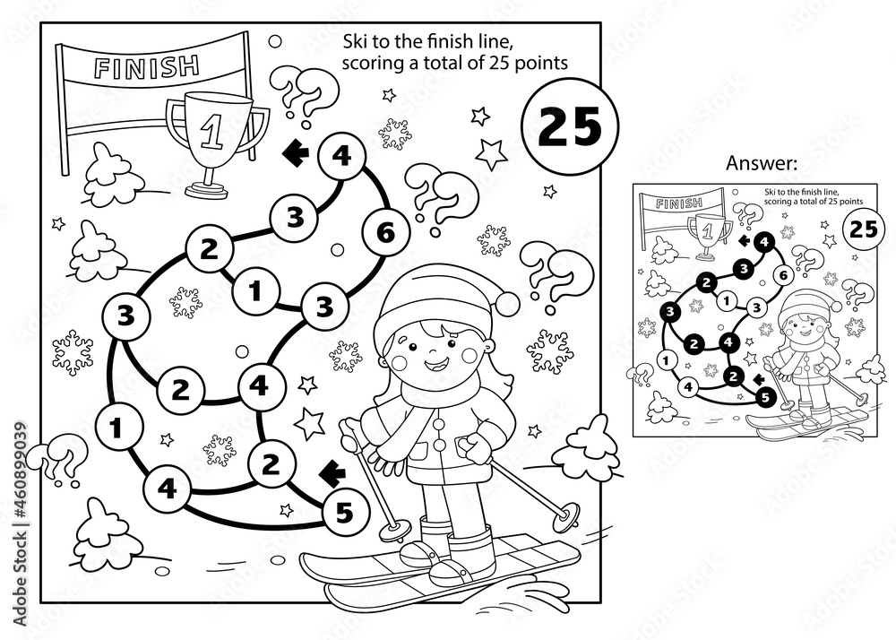 Vektorovã grafika âmath addition game puzzle for kids maze coloring page outline of cartoon girl skiing winter sports coloring book for childrenâ ze sluåby