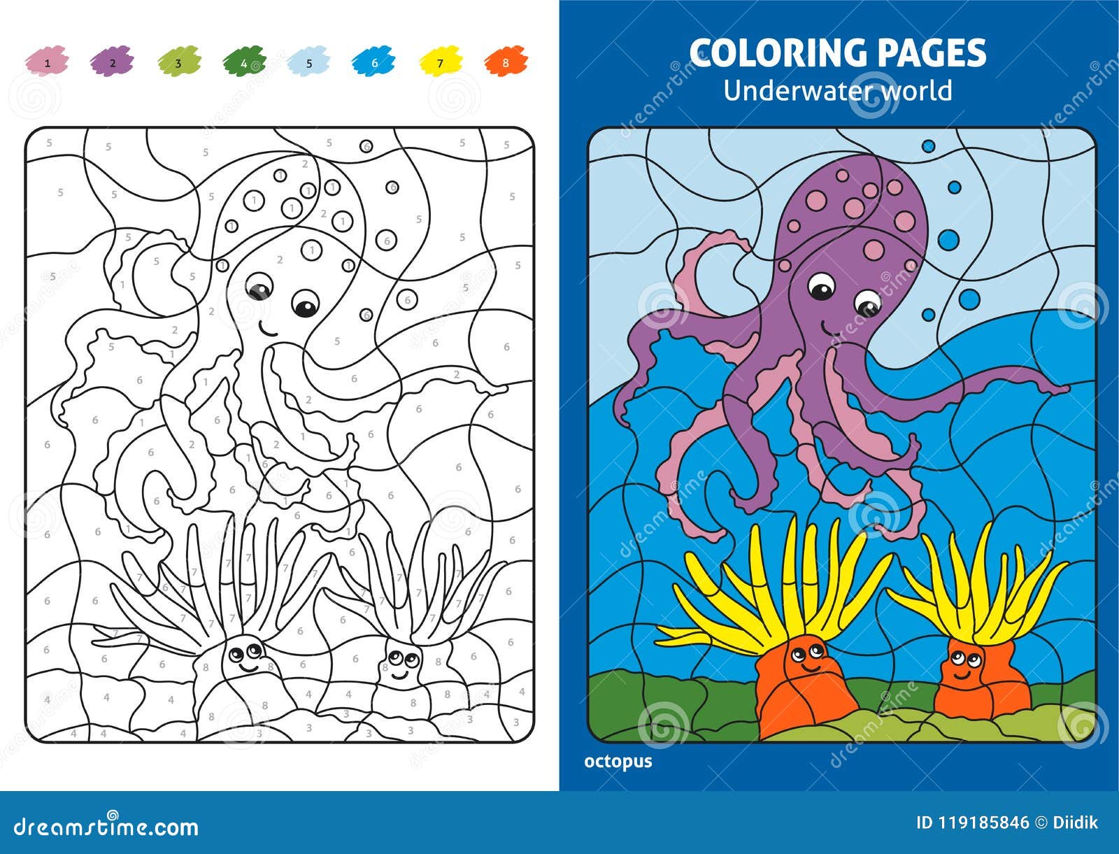 Underwater world coloring page for kids octopus stock vector