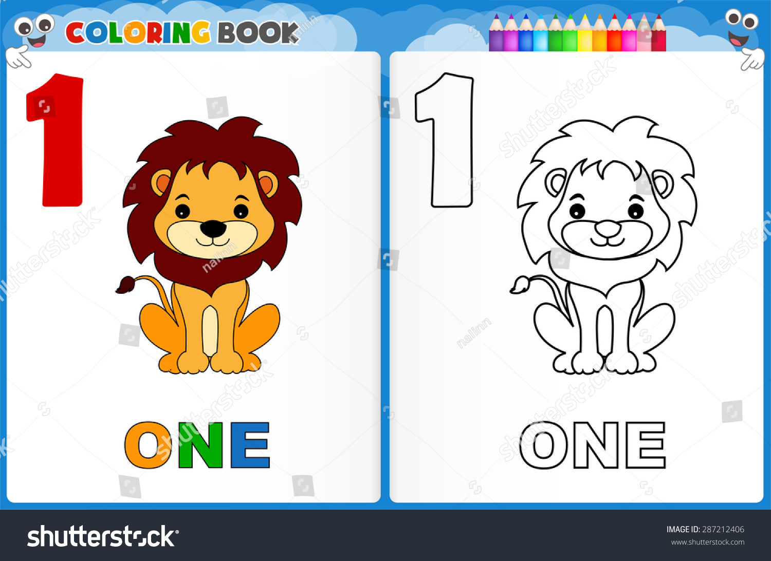 Coloring page number one colorful sample stock vector royalty free