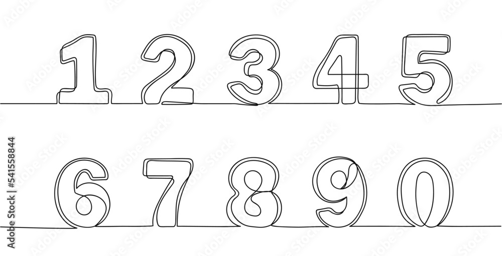 Continuous one line numbers hand drawn counting symbols outline scribble number or sketch digit vector set vector