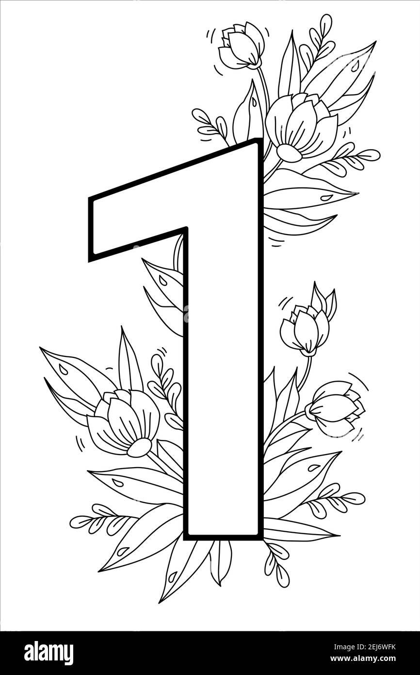 Flower number digit one decorative pattern with flowers tulips buds and leaves vector illustration isolated on white background line outline stock vector image art