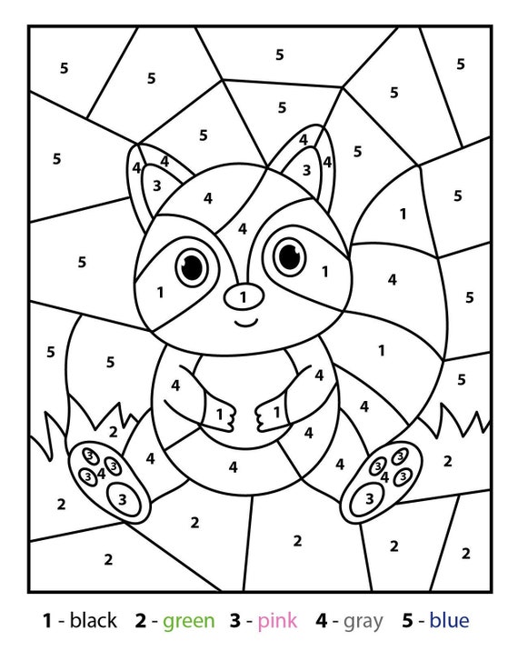 Raccoon color by number kids printable various theme coloring pages for preschool and kindergarten instant digital pdf download