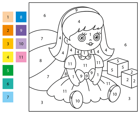 Doll color by number free printable coloring pages