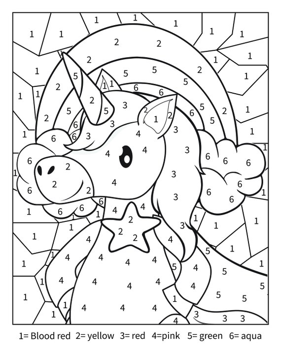 Printable unicorn color by number activity page for toddlers kids and adults