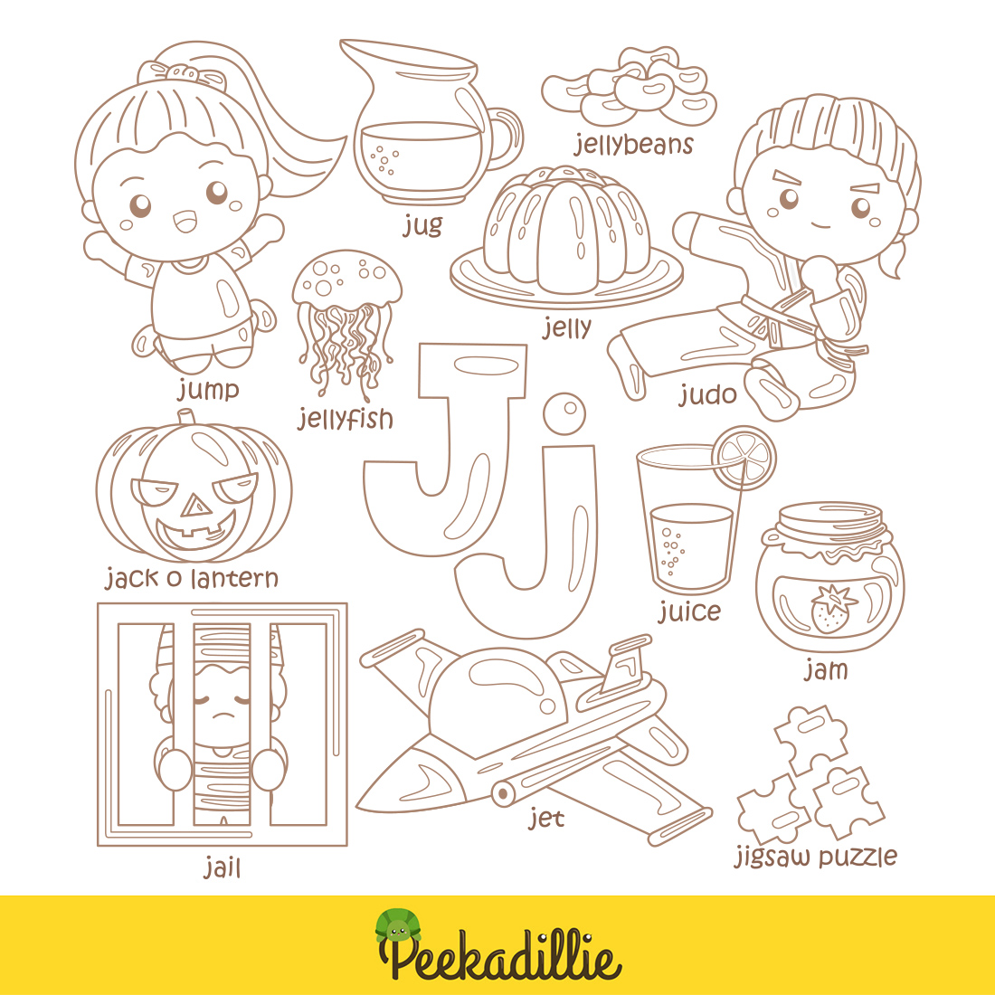 Alphabet j for vocabulary school letter reading writing font study learning student toodler kids jump judo