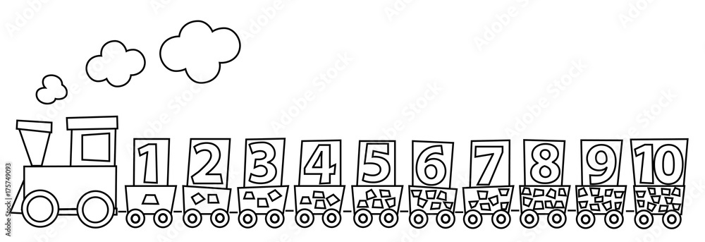 Coloring page with math train and numbers