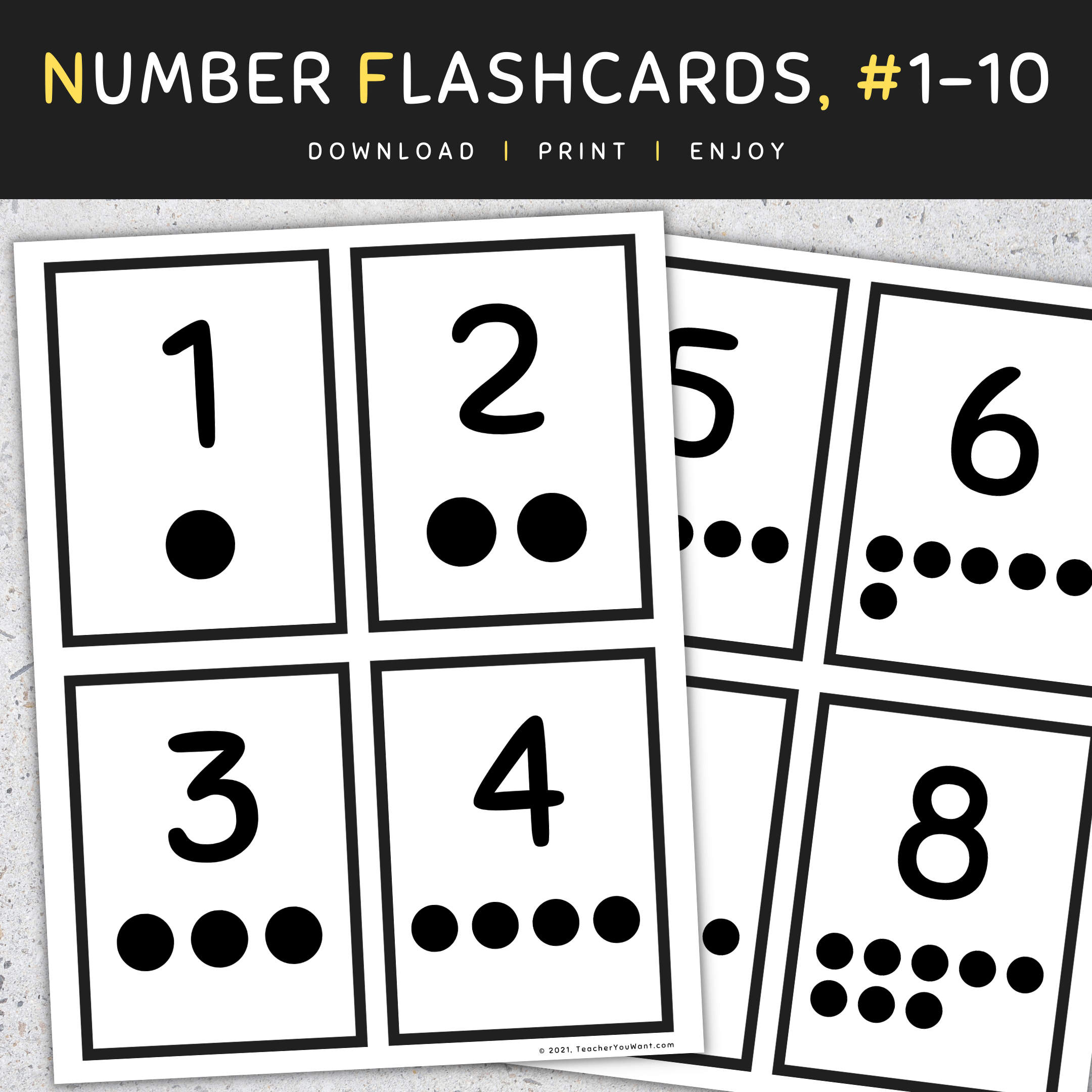 Number flashcards with counting dots ten frames