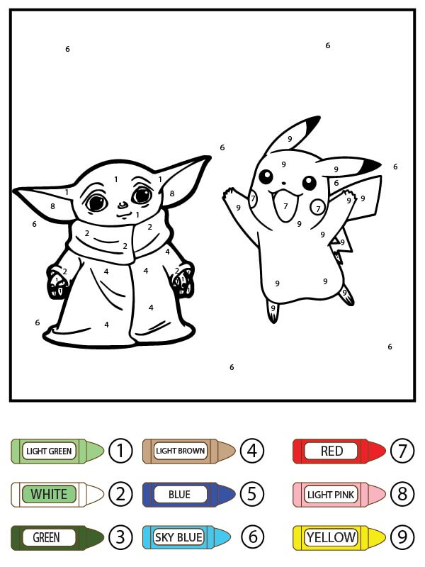 Baby yoda color by number coloring pages