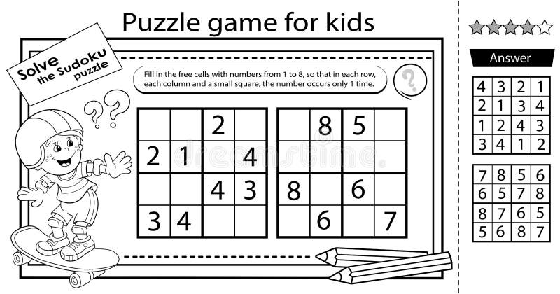 Sudoku puzzle logic puzzle for kids education game for children boy on skateboard coloring page stock vector