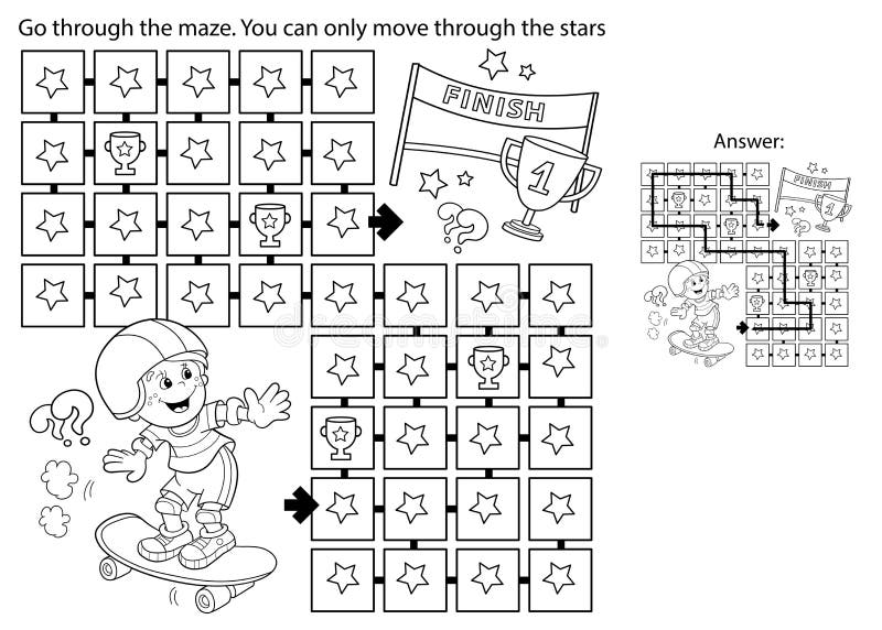 Maze or labyrinth game puzzle coloring page outline of cartoon boy with skateboard sport activity stock vector