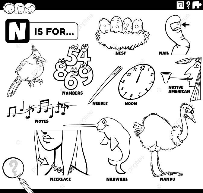 Coloring page set for learning words beginning with letter n vector ring drawing ear drawing color drawing png and vector with transparent background for free download